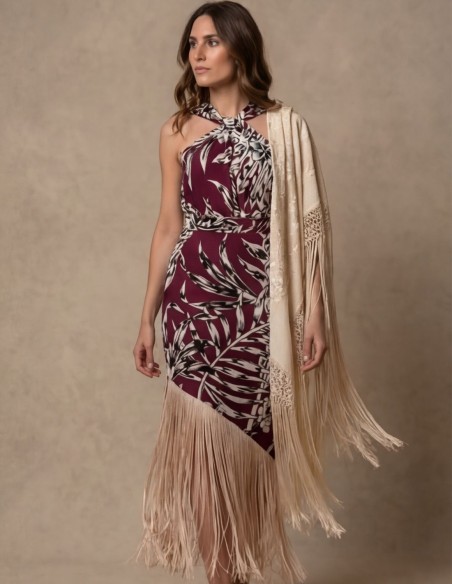 Mantón de Manila beige bordado a mano con flecos artesanales