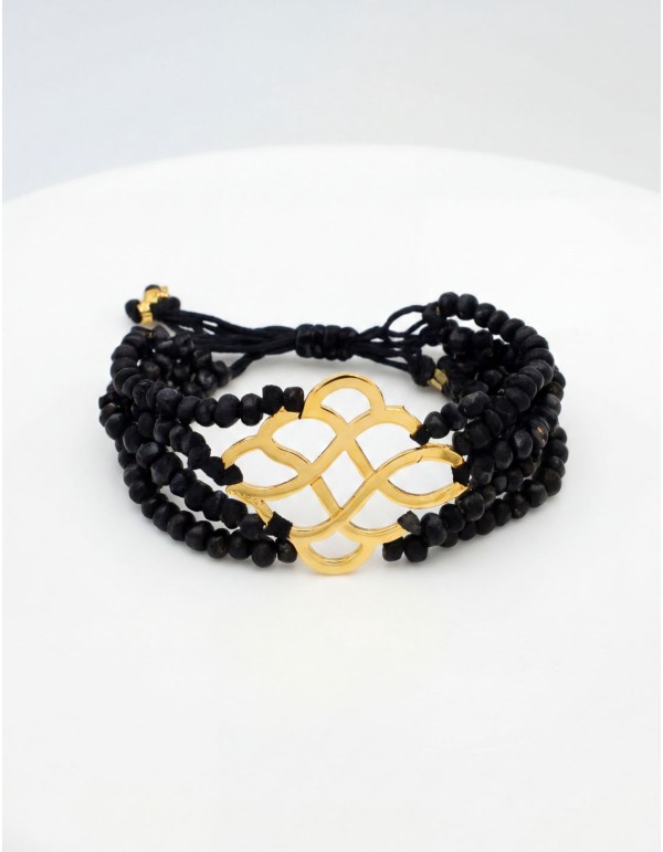 Brazalete de hilos de cristal de murano negro con detalle dorado