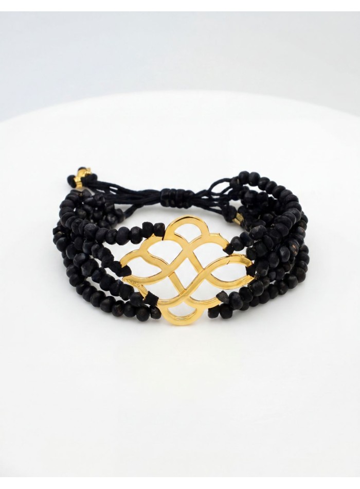 Brazalete de hilos de cristal de murano negro con detalle dorado