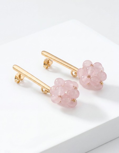 Longues boucles d'oreilles en acier inoxydable plaqué or avec quartz rose