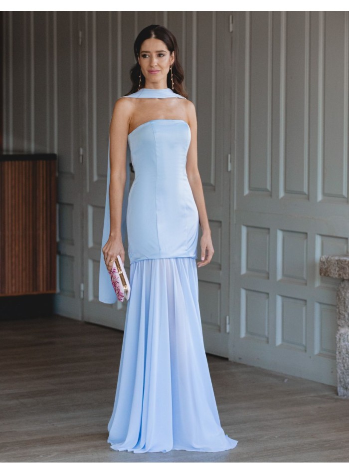 Long strapless ball gown with chiffon skirt -...