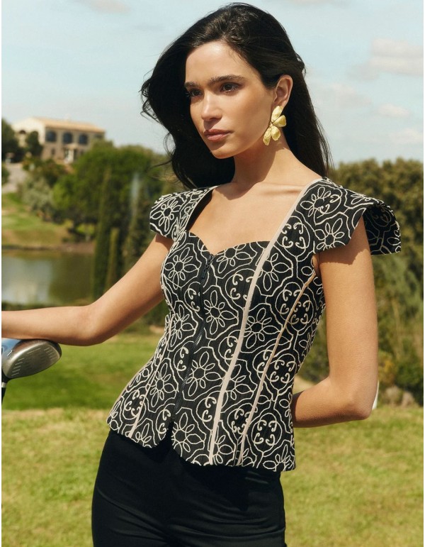 Geometric and floral print top in black and ecru 2
