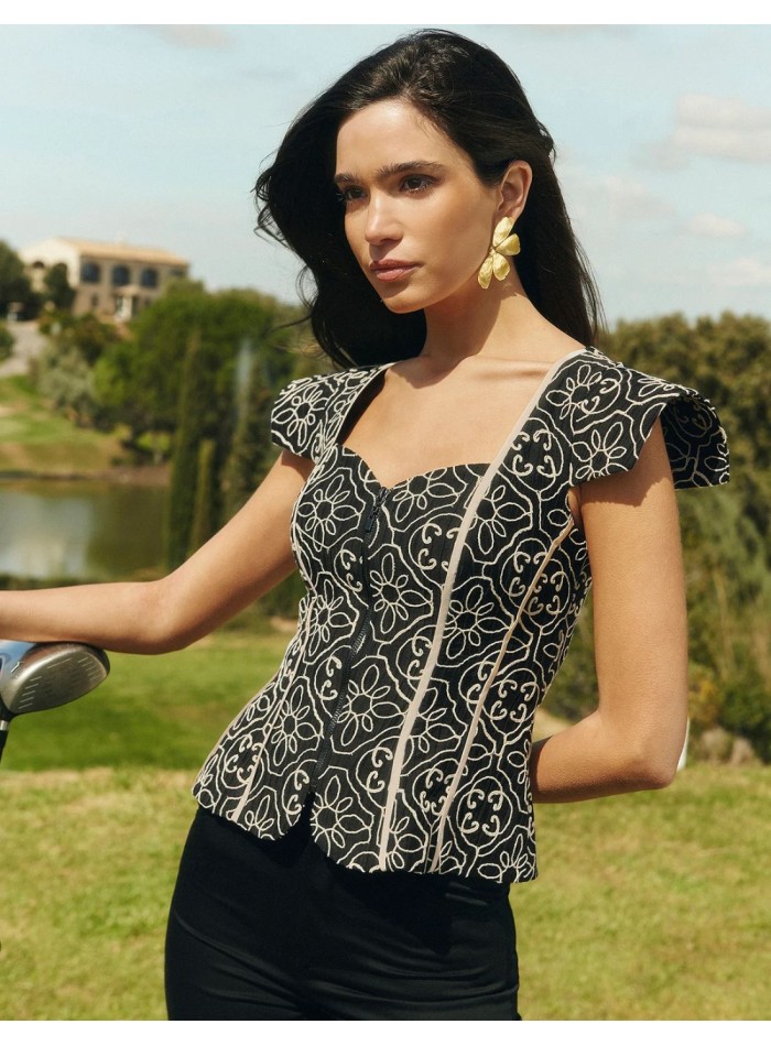 Geometric and floral print top in black and ecru