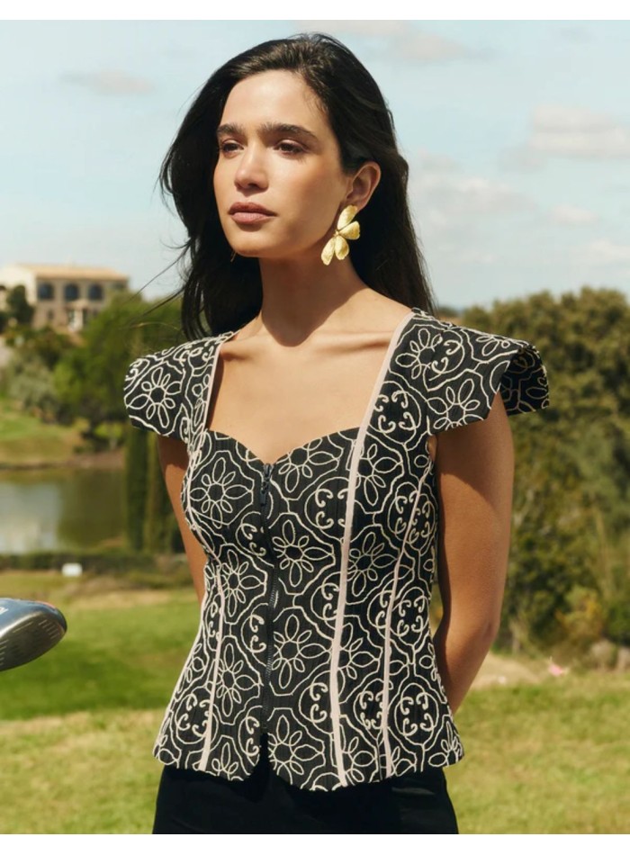 Geometric and floral print top in black and ecru