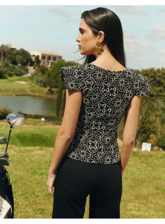 Geometric and floral print top in black and ecru