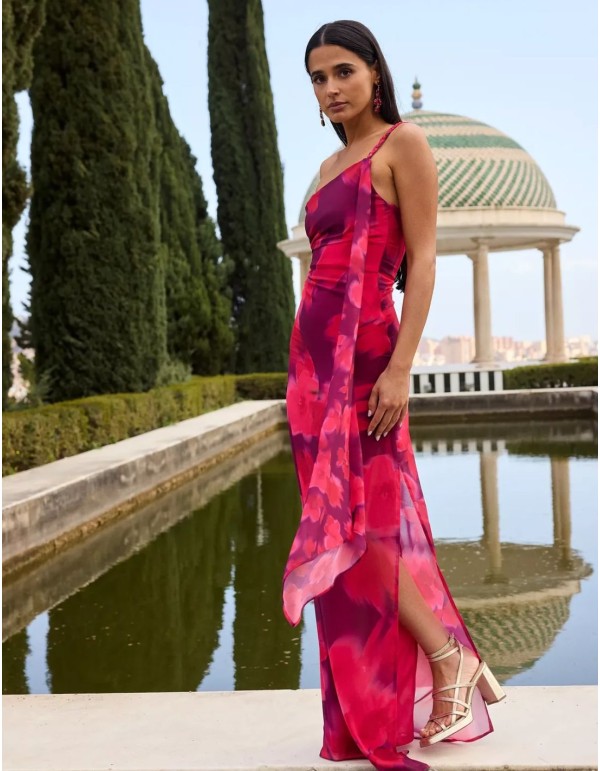 Long dress with asymmetrical neckline and fabric with... 2
