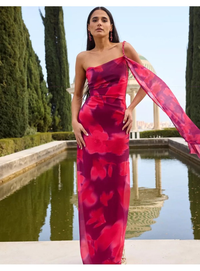 Vestido largo con escote asimétrico y tejido con motivos florales en tonos morados