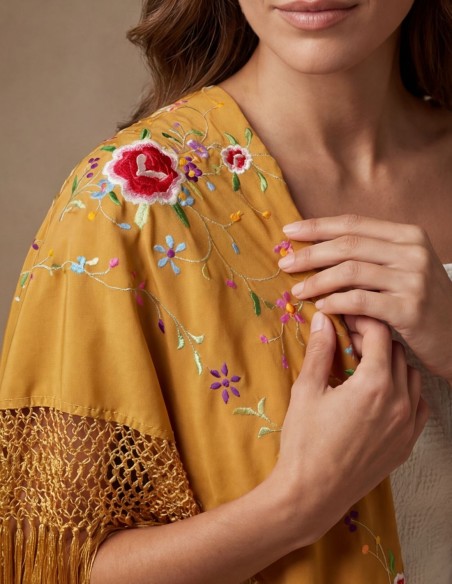 Hand embroidered mustard Manila shawl with handcrafted bangs