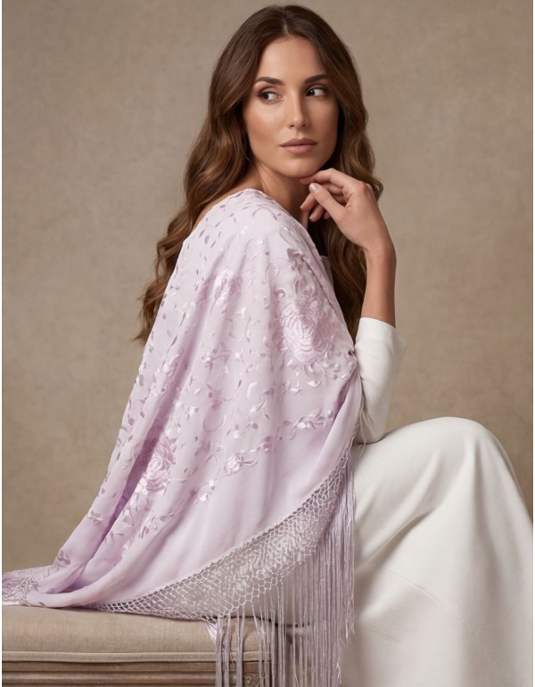 Châle Manille lilas brodé à la main avec franges faites à... 2