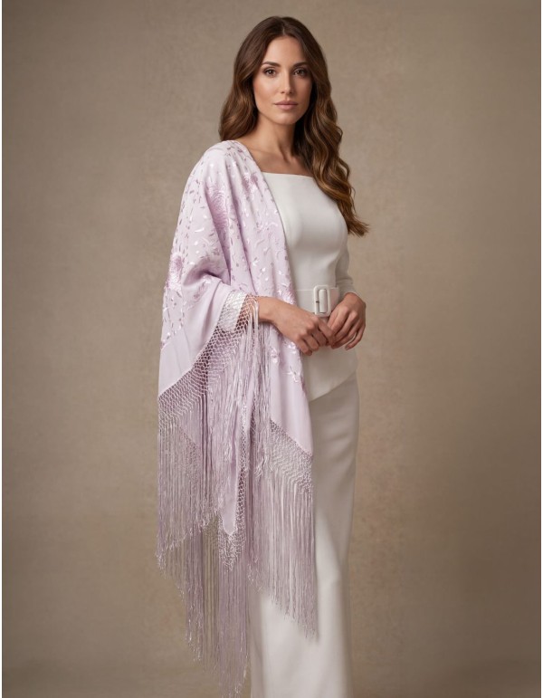 Châle Manille lilas brodé à la main avec franges faites à...