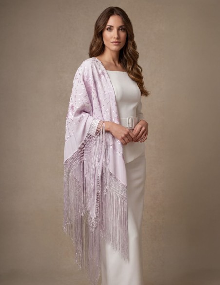 Hand embroidered lilac Manila shawl with handmade bangs