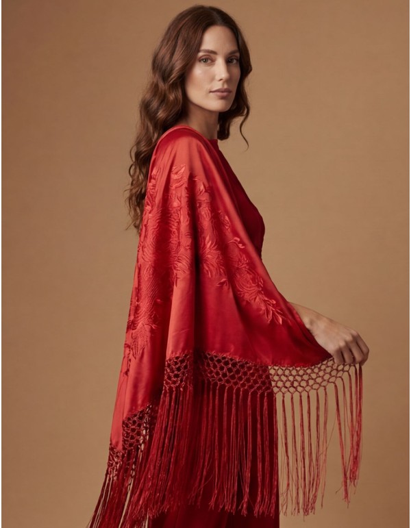 Hand embroidered small red Manila shawl with handmade bangs 2