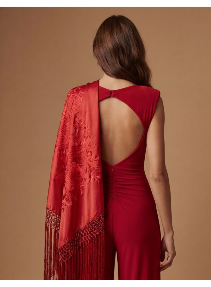 Mantón de Manila rojo pequeño bordado a mano...