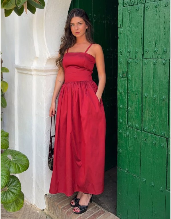 Conjunto para invitada de top y falda en tafeta rojo - Ane Ibañez