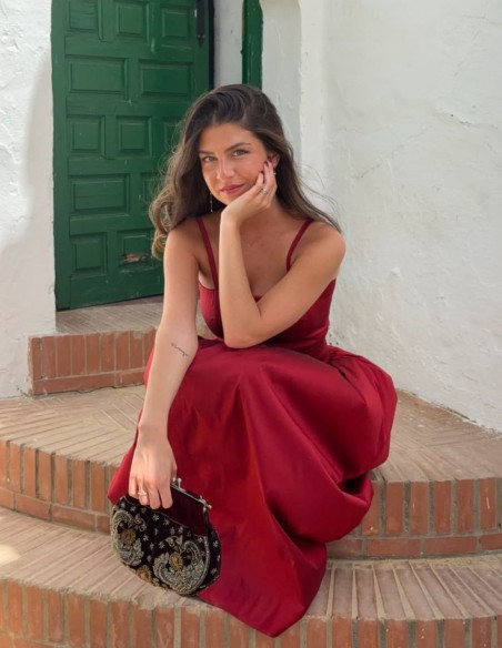Red taffeta top and skirt guest ensemble - Ane Ibañez