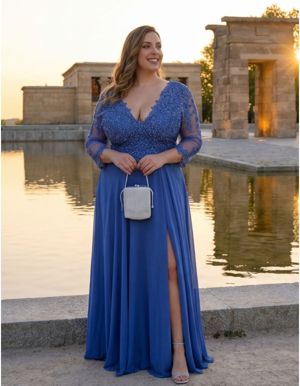 Long blue dress with embroidery and rhinestones