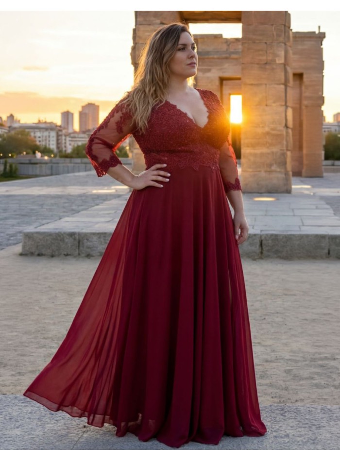 Long burgundy dress with embroidery and sheer...