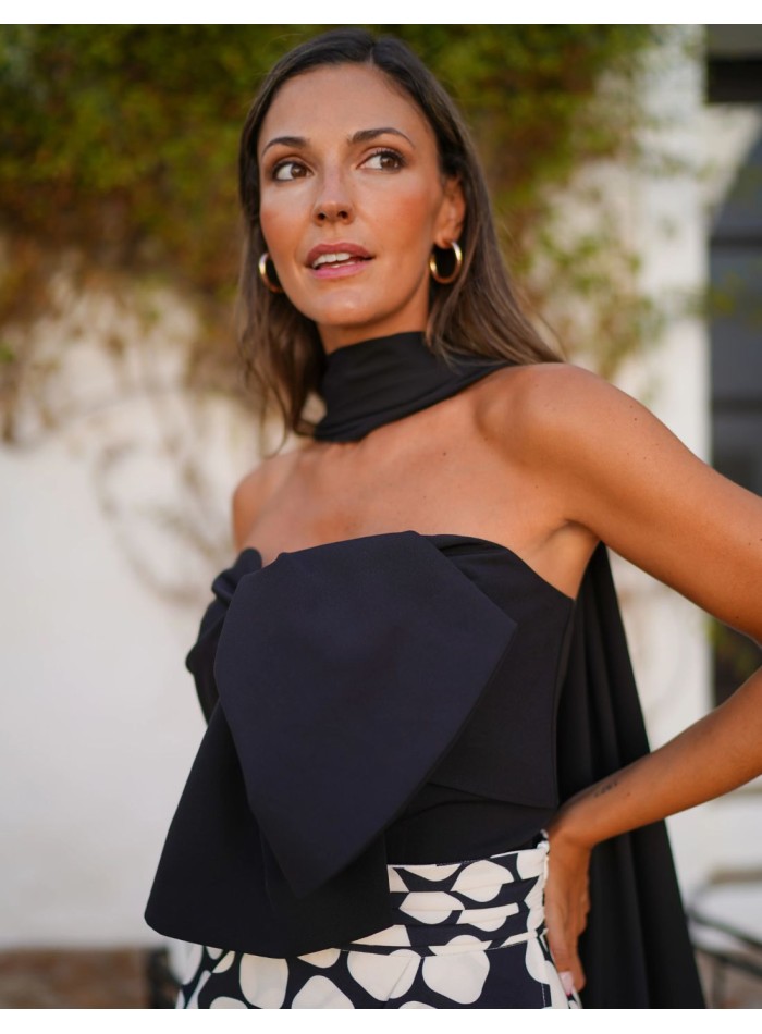 Black strapless top with structured front bow