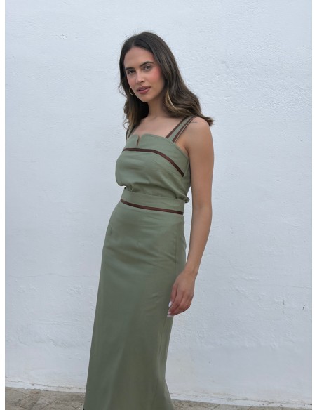 Two-piece khaki set with brown embroidery