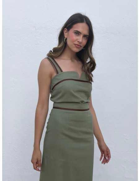 Two-piece khaki set with brown embroidery