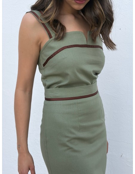 Two-piece khaki set with brown embroidery