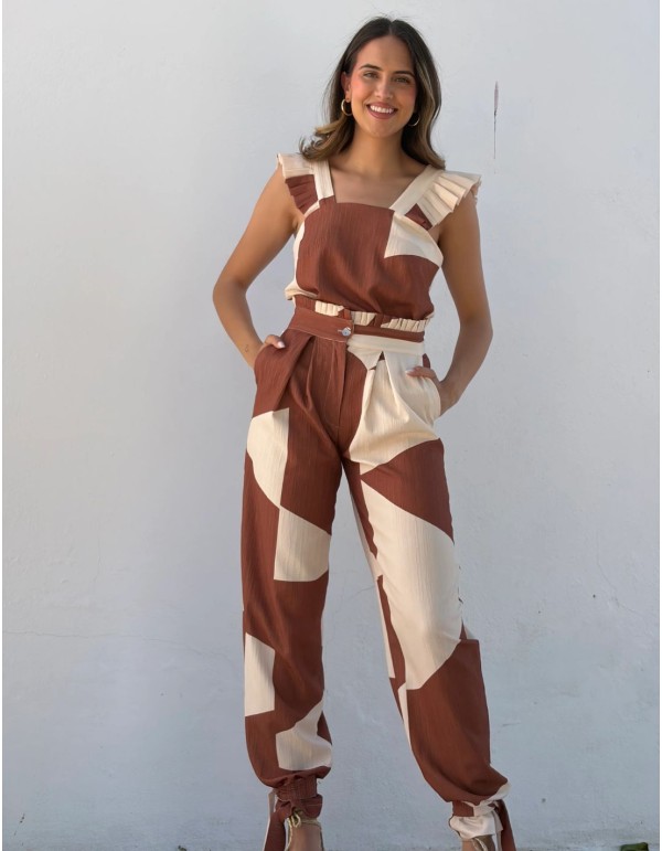 Printed set in beige and brown tones of top and bloomer... 2