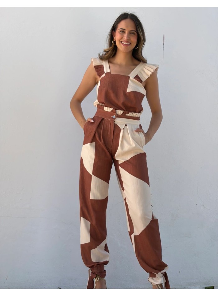 Printed set in beige and brown tones of top and...
