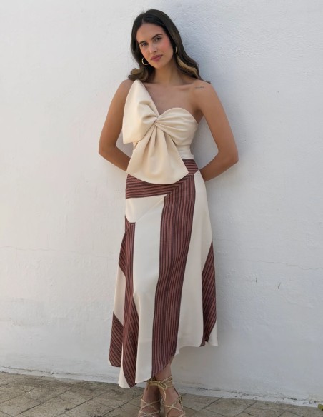 Ivory strapless top with structured frontal bow