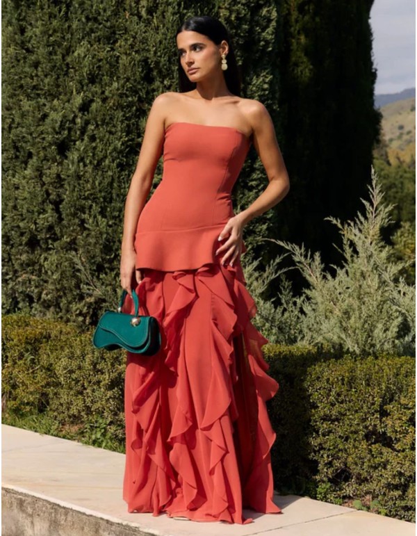Long strapless caldera dress with chiffon skirt and...