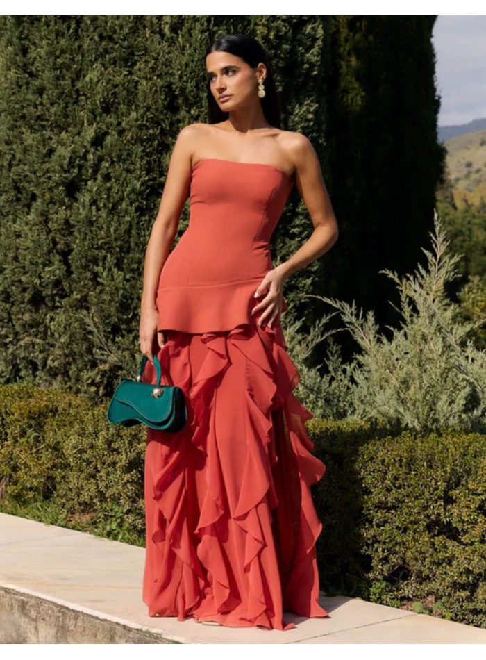 Vestido largo caldera palabra de honor con falda de gasa y espalda corsé