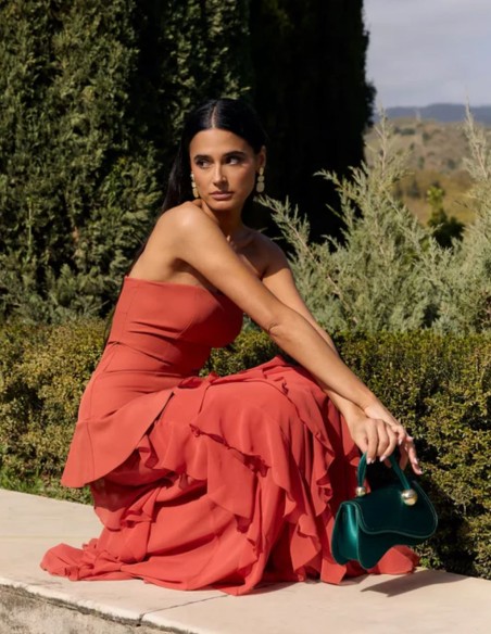 Long strapless caldera dress with chiffon skirt and corset back