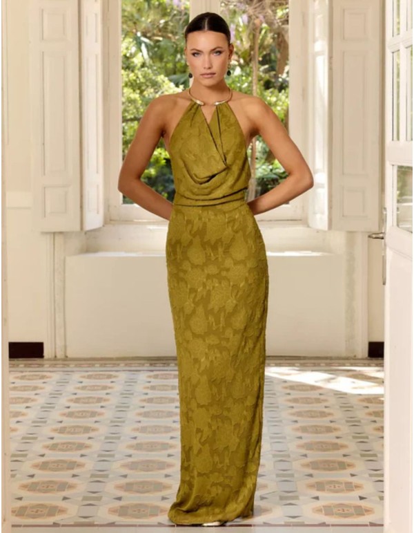 Pistachio green long dress with draped halter neckline...
