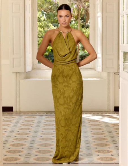 Pistachio green long dress with draped halter neckline and open back