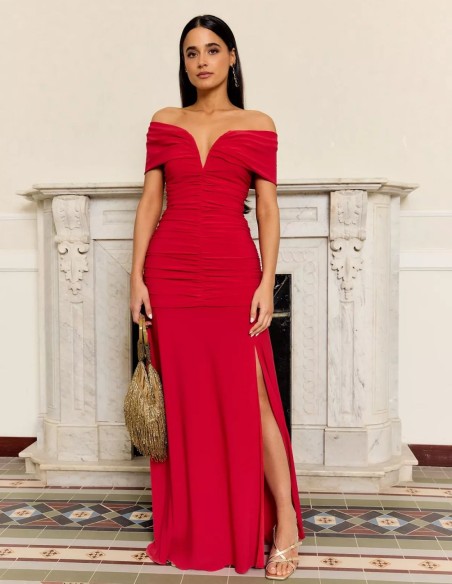 Long red mermaid dress with draped bardot neckline