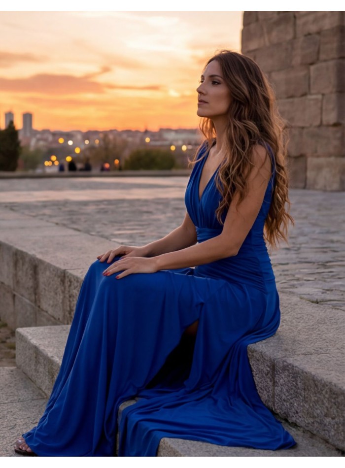 Vestido largo azul klein con escote en pico y...