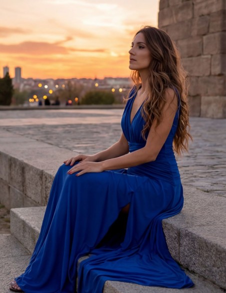 Vestido largo azul klein con escote en pico y drapeado