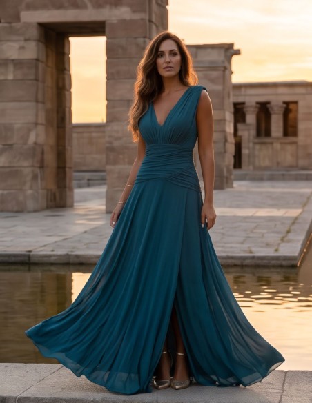 Vestido largo verde petróleo con drapeado en la cintura