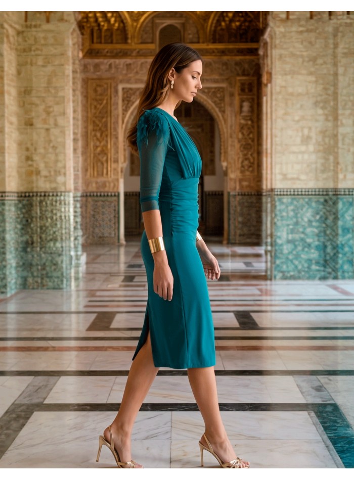 Petrol midi draped midi dress with feathers