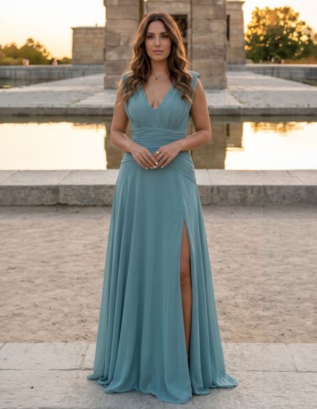 Powdered turquoise long dress with V-neckline