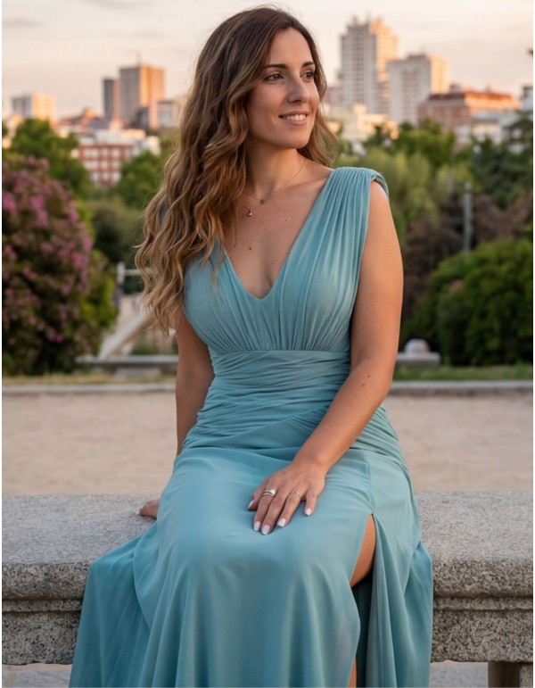 Powdered turquoise long dress with V-neckline 2