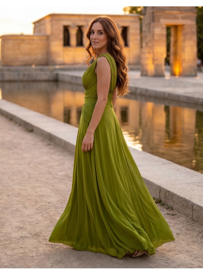 Olive green long dress with draping for guests
