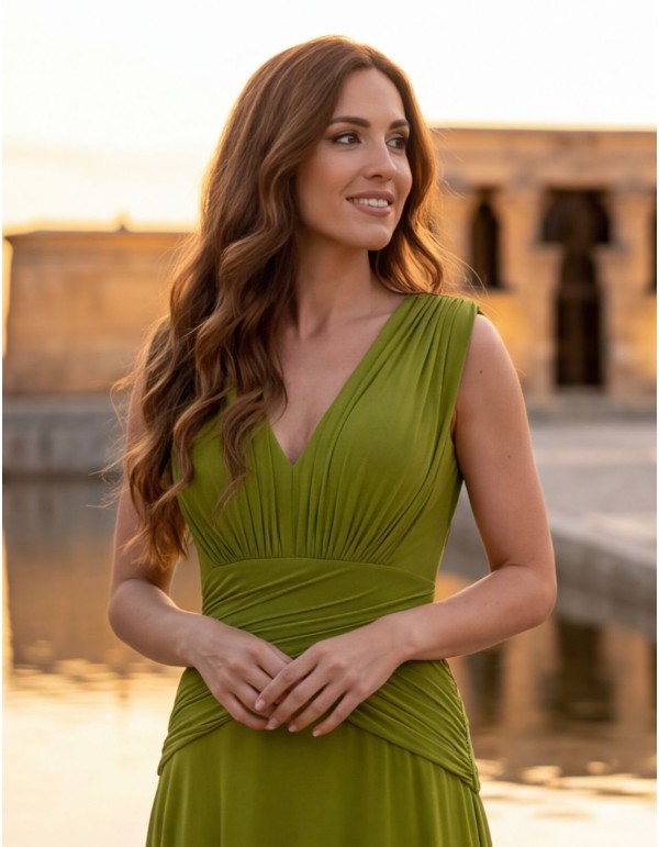 Olive green long dress with draping for guests 2