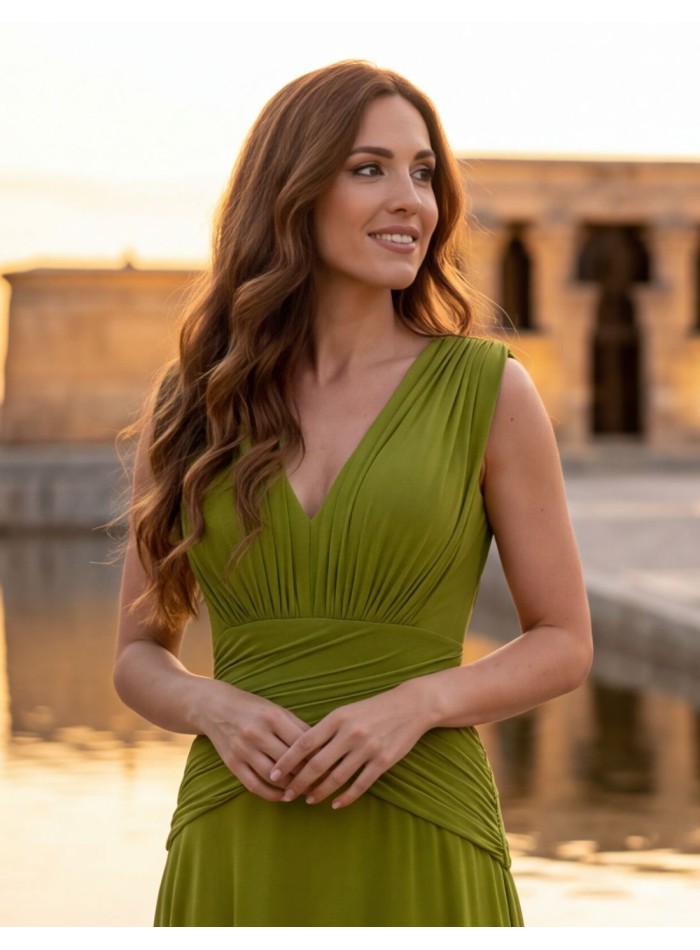 Olive green long dress with draping for guests