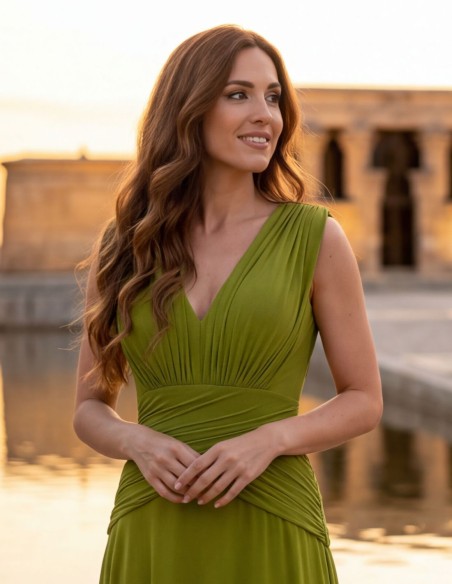 Olive green long dress with draping for guests