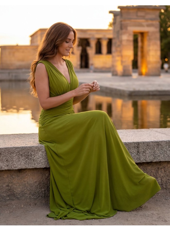 Olive green long dress with draping for guests