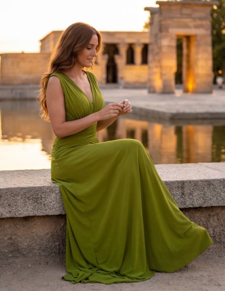 Olive green long dress with draping for guests