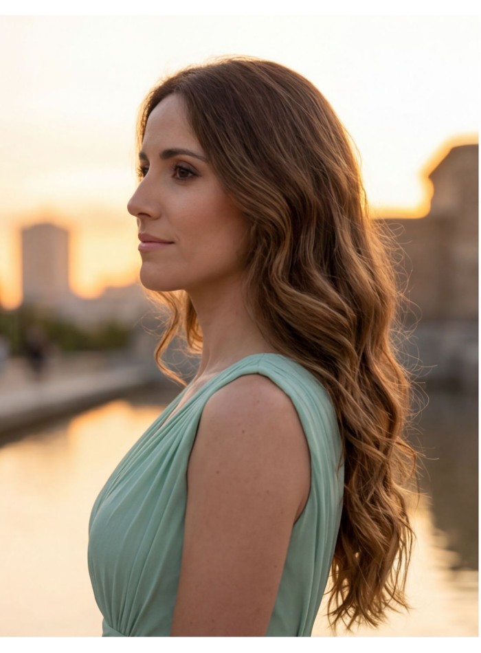 Mint green long dress with V-neckline for guests