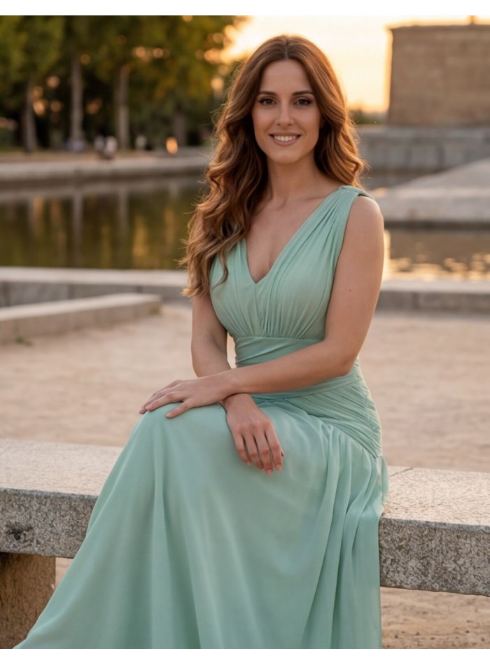Mint green long dress with V-neckline for guests