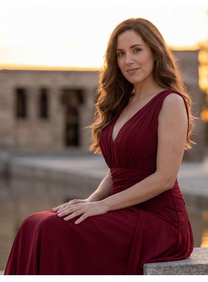 Long burgundy dress with V-neckline and draped...