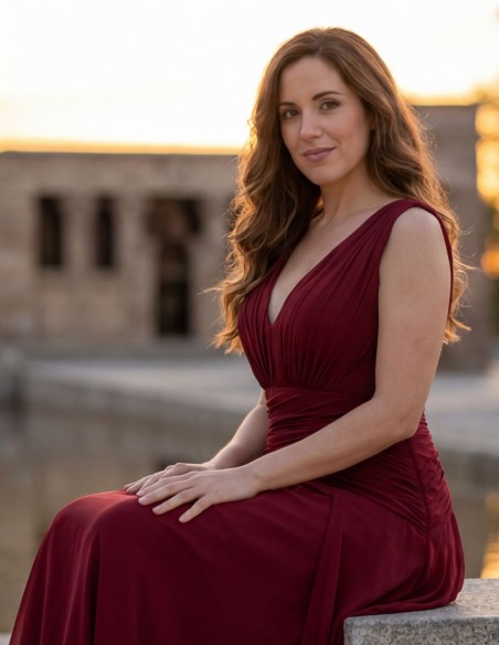 Longue robe bordeaux avec décolleté en V et taille drapée pour les invités